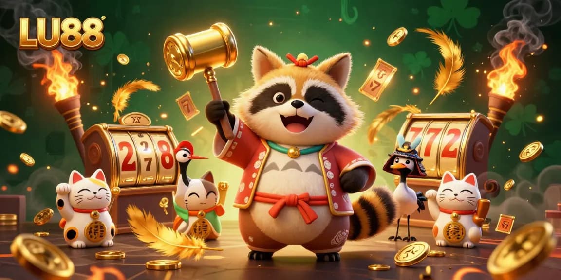 Experience thrilling slots at LU88 with a lucky tanuki, vibrant colors, and engaging gaming elements.