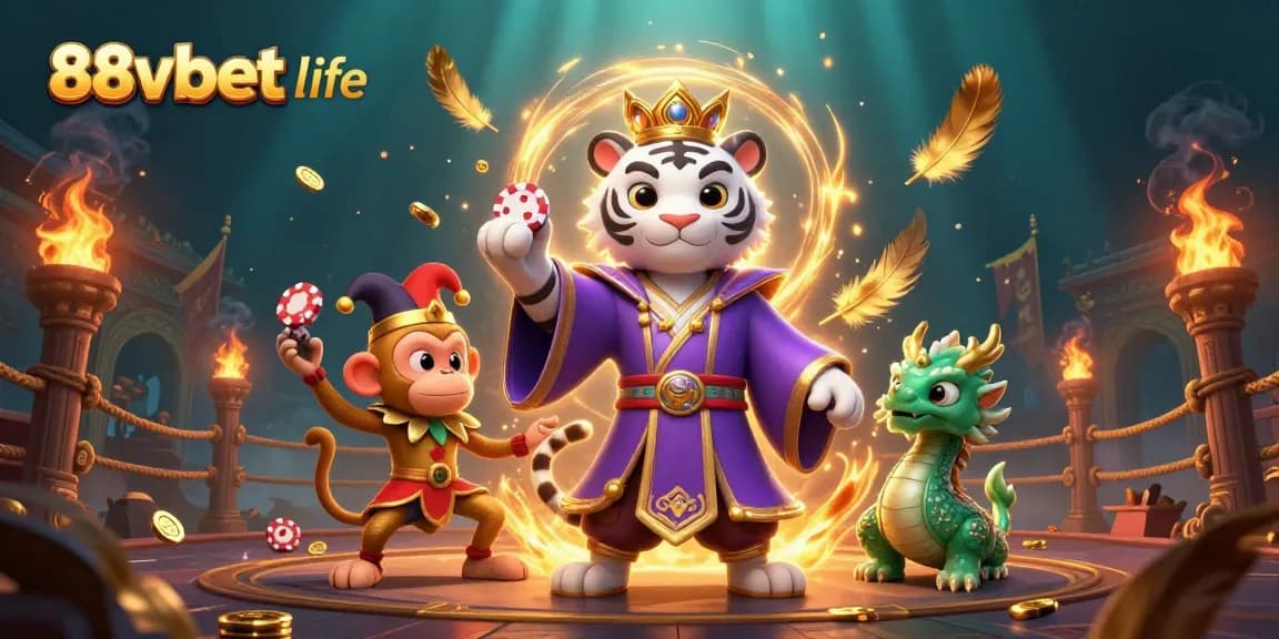 Engage in thrilling gaming experiences with 88vbet life's vibrant casino scene featuring a royal tiger and energetic characters.
