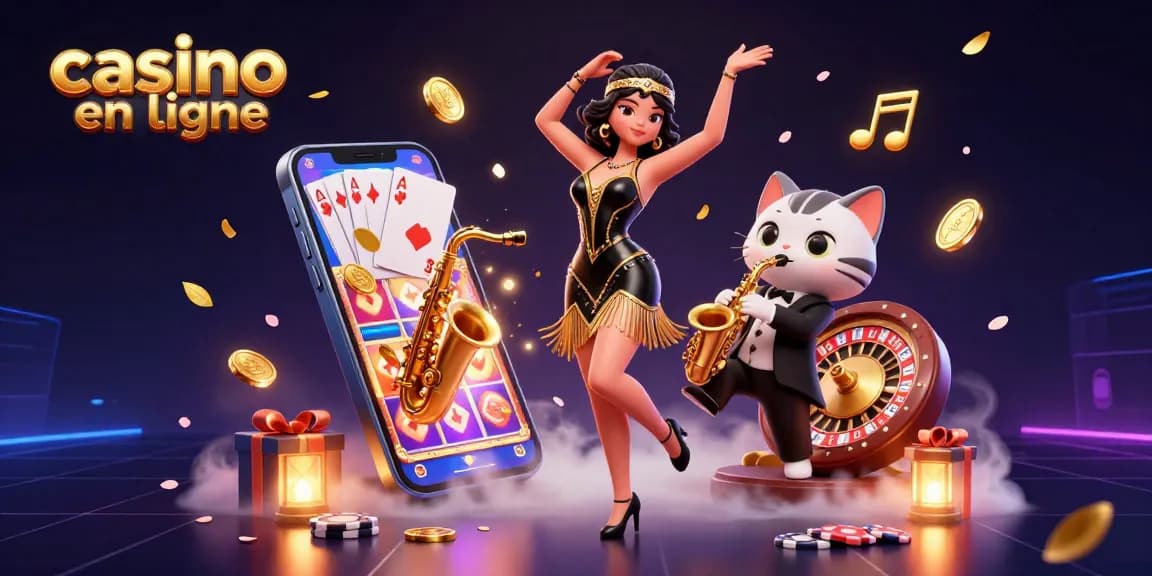 Découvrez l'excitation du casino en ligne avec des personnages vibrants et des éléments de jeu dynamiques dans cette illustration.