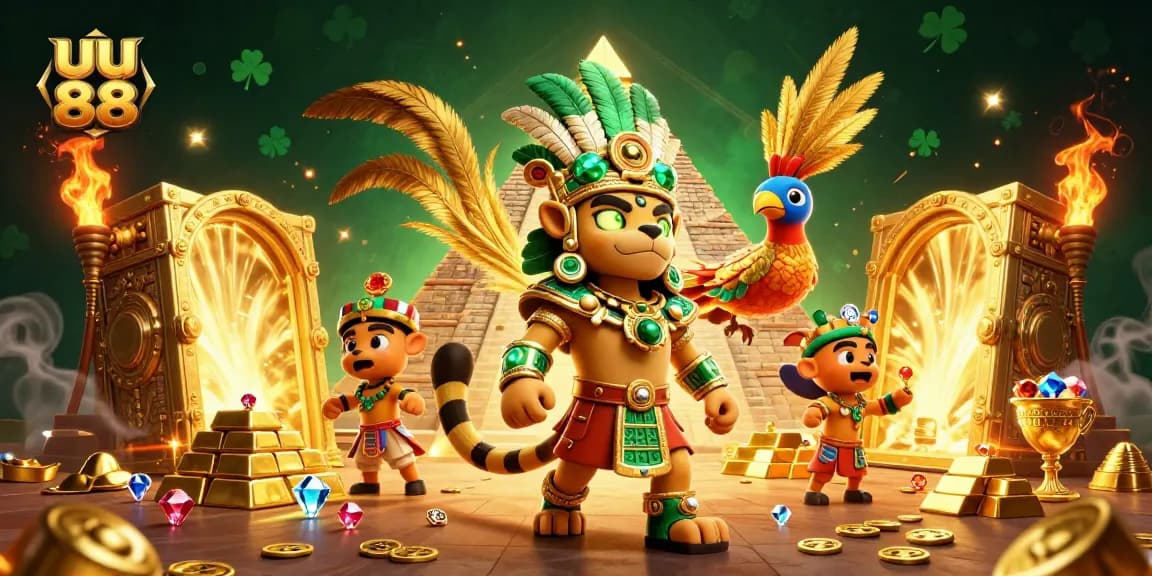 Spin to win with uu 88's vibrant 3D illustration showcasing a Mayan jaguar priest and treasure.