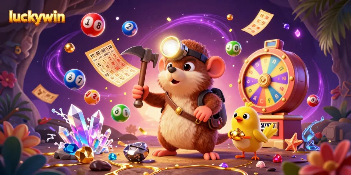 Engage with luckywin's vibrant gameplay featuring dynamic lottery elements and treasures in a fun casino-themed illustration.