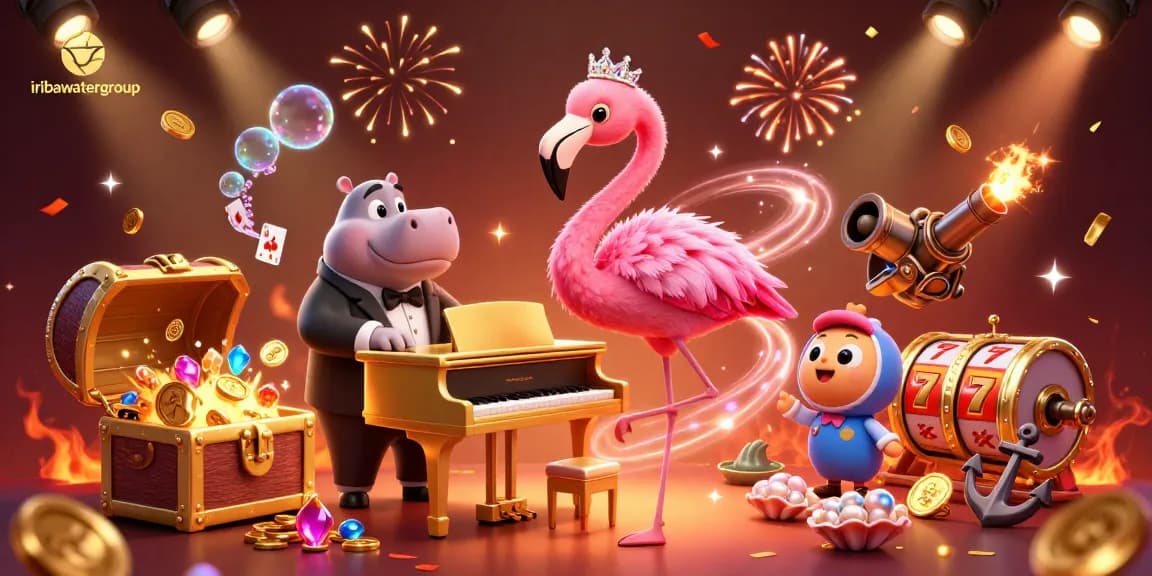 Experience excitement with iribawatergroup's vibrant casino scene featuring lively characters and slot games.