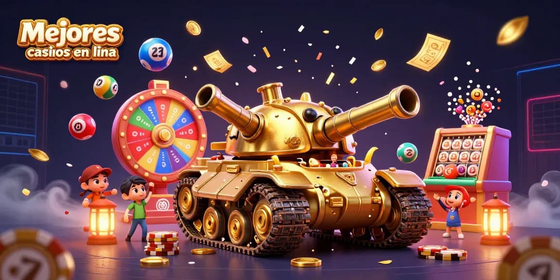 Los mejores casinos en línea presentan un casino en miniatura dentro de un tanque de escarabajo dorado, con elementos vibrantes de juego.