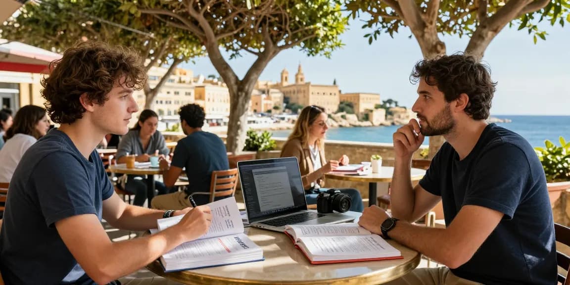 Cursos de inglés en Malta - Estudiante estudiando inglés al aire libre en un vibrante café maltés.
