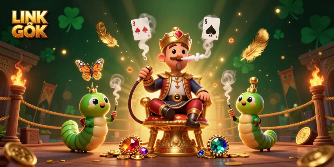 Engage in thrilling experiences with LINK GỐC, featuring a 3D cartoon caterpillar in a lavish casino atmosphere.