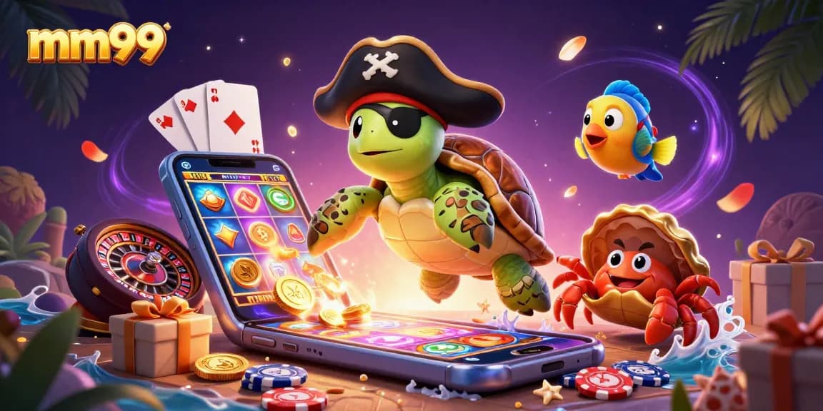 Engage with mm99’s vibrant casino world, featuring cartoon turtle and crab amidst treasures and slot games.