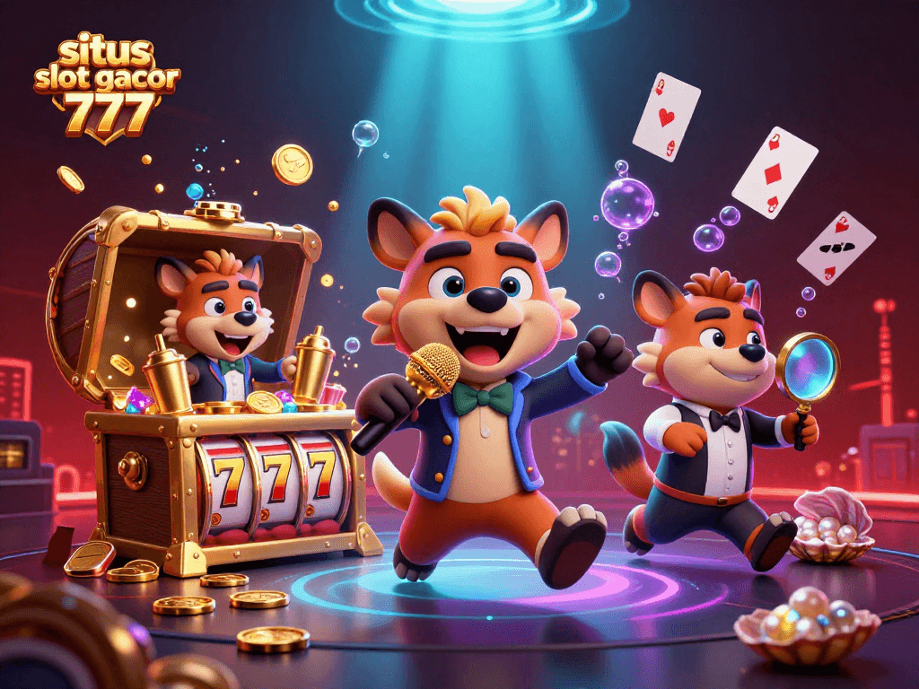 Situs slot gacor 777 showcases hyenas in a vibrant casino scene featuring slot reels and gold coins.