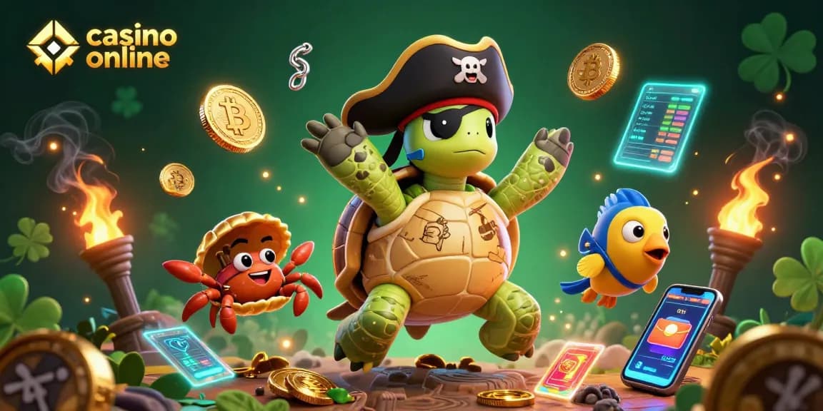 Gagnez avec casino en ligne grâce à notre incroyable illustration de tortue pirate et de trésors sous-marins.