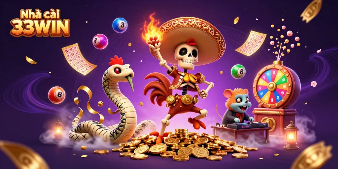 Experience excitement at Nhà cái 33WIN with vibrant gaming elements and engaging characters in this lively illustration.