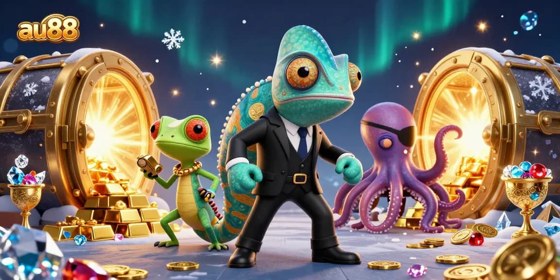 Experience the excitement of au88 at the vibrant casino scene with 3D characters and glittering treasures.