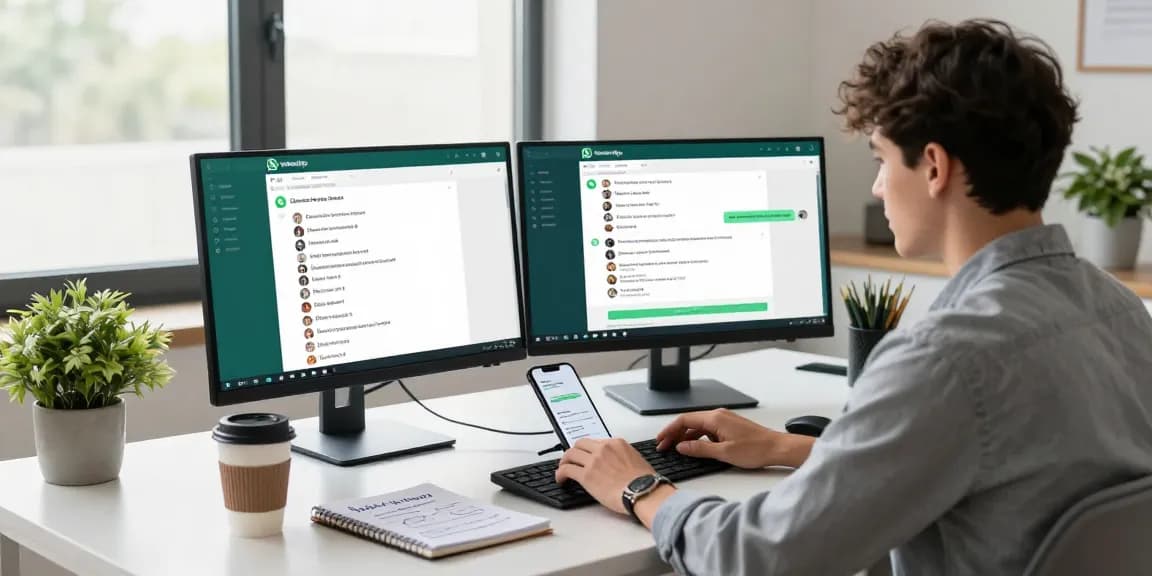 Young professional using WhatsApp網頁版 on a modern desktop setup, showcasing vibrant chat interface and productive atmosphere.