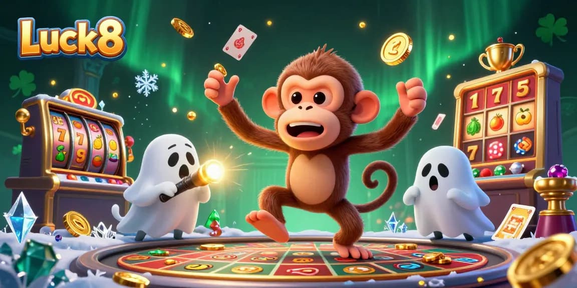 Luck8 showcases a vibrant 3D casino scene with a mischievous monkey and game elements.