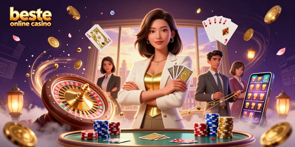 Experience the excitement of beste online casino with elegant characters and dynamic casino elements in a vibrant scene.