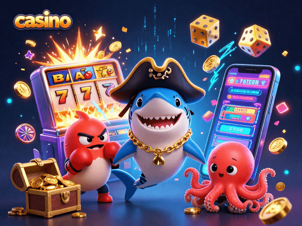 Exciting casino scene featuring cartoon characters celebrating a jackpot with coins and slot machines.