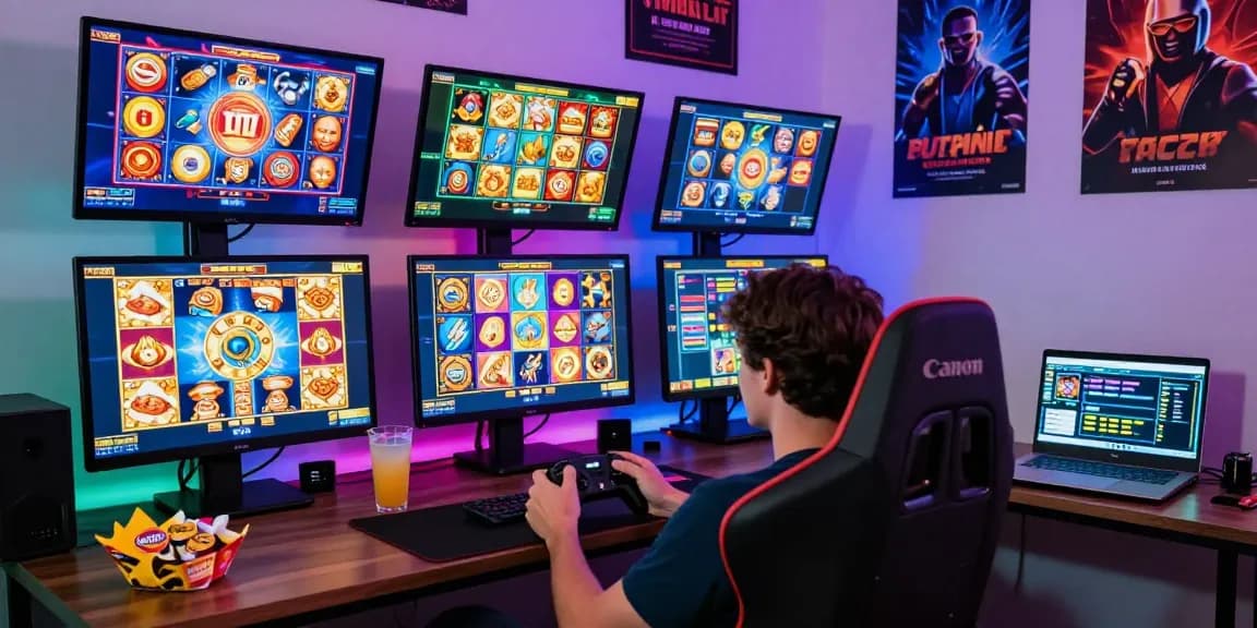 User enjoying an exciting slot depo 5000 game at home with multiple screens, vibrant atmosphere.