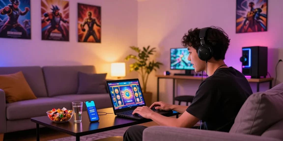 Exciting gaming experience with deposit pulsa tanpa potongan, showcasing a player enjoying a vibrant gaming setup and tech.