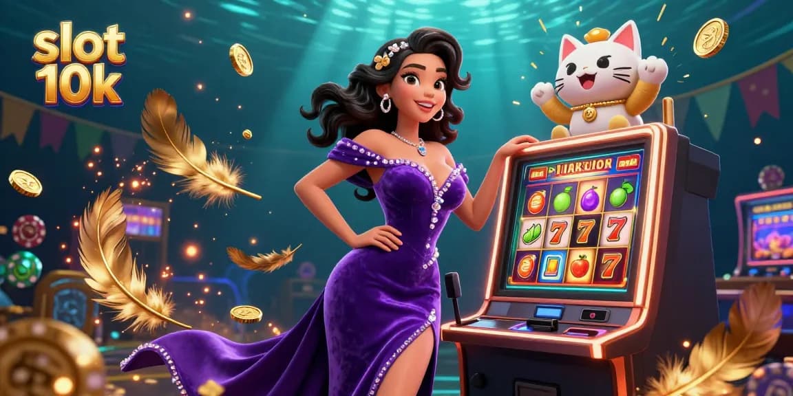 Experience the thrill of winning with slot 10k featuring a glamorous jackpot moment and a lively mascot.
