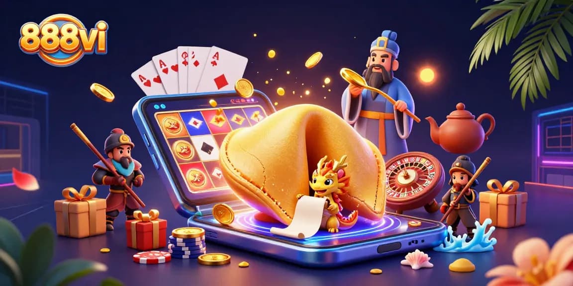 Experience thrilling gameplay at 888vi with a dynamic casino scene featuring vibrant slot elements and fortune symbols.