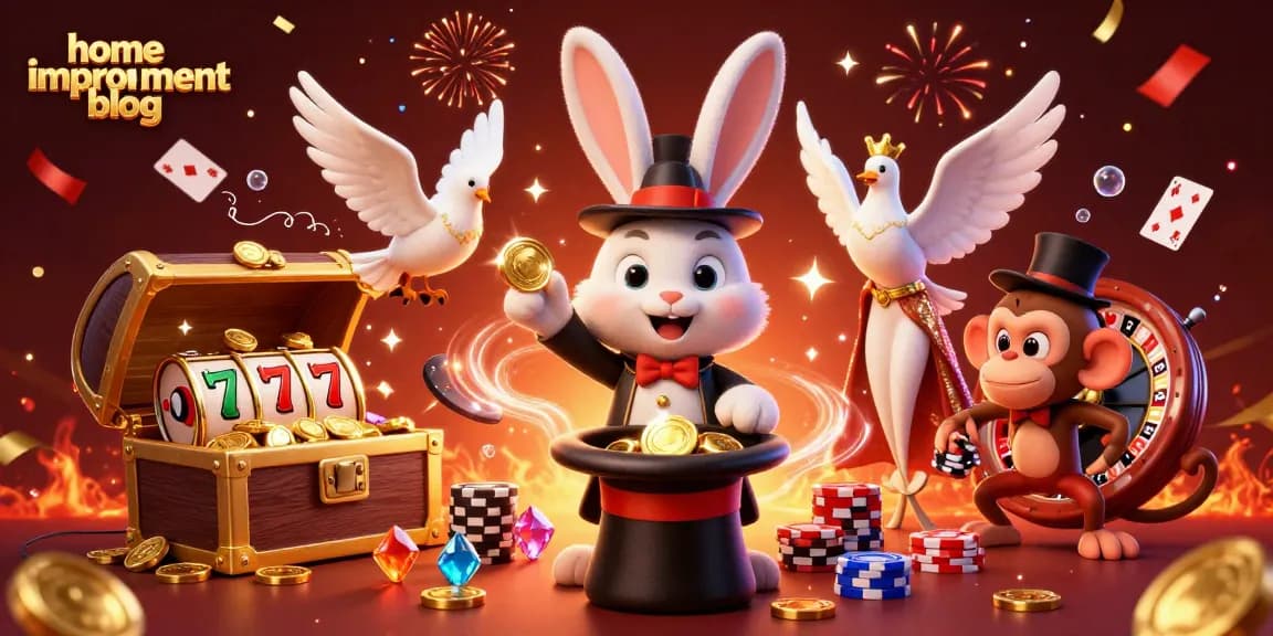 A dynamic scene from a home improvement blog illustrates a magician rabbit pulling coins in a casino setting.