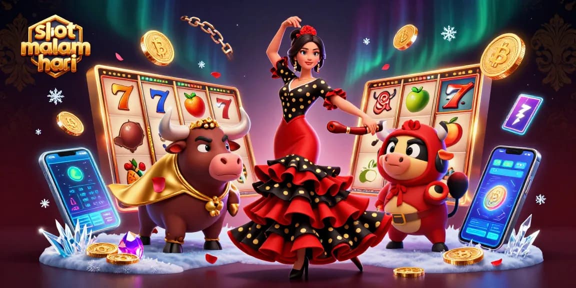 Experience thrilling slot malam hari action with an enchanting woman and a fighting bull in a vibrant casino scene.