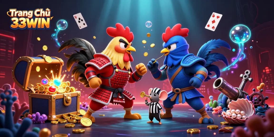 Engage with the action at Trang Chủ 33WIN featuring a dramatic rooster standoff amidst casino-themed excitement.