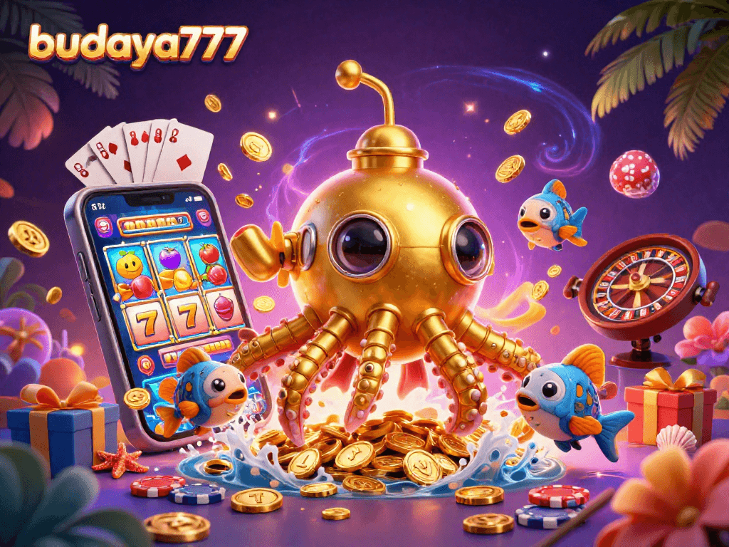 Budaya777 menampilkan kapal kraken emas dengan segudang koin dan slot menarik dalam ilustrasi 3D.