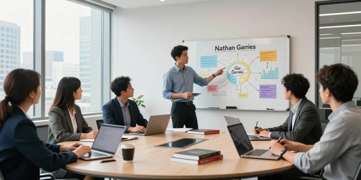 Nathan Garries leading a branding strategy meeting with a diverse team in a modern office.
