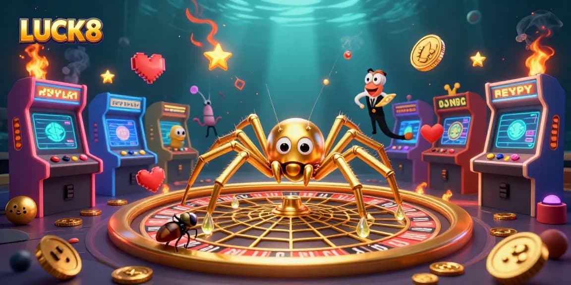 Experience LUCK8 with a golden spider and centipede croupier at an engaging casino scene.