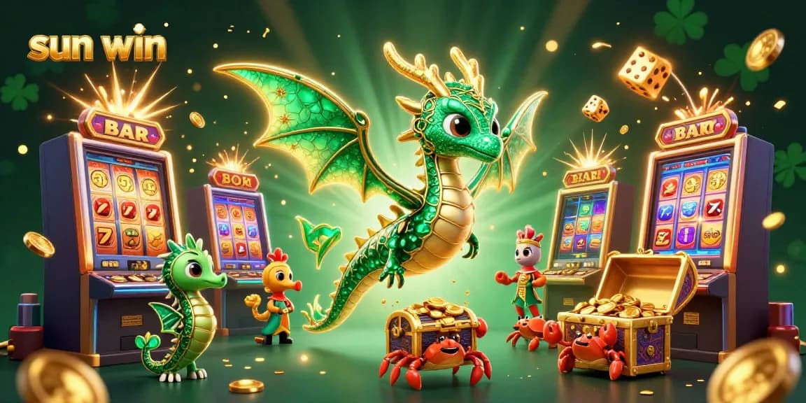 Engage with exciting sun win casino experiences featuring gold filigree sea dragons surrounded by slot machines.
