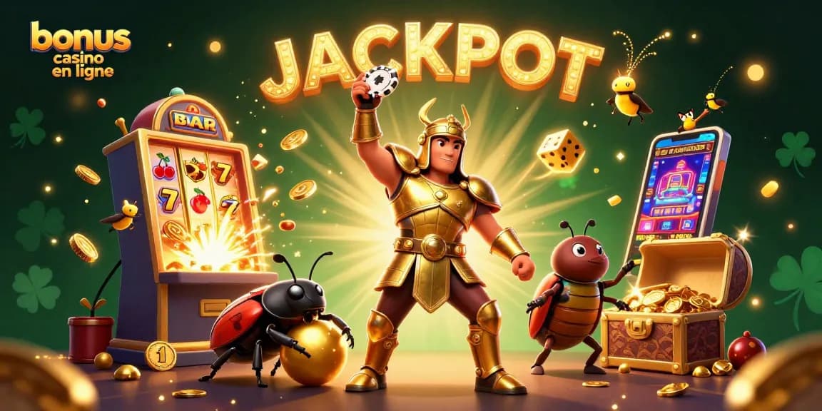 Illustration dynamique de bonus casino en ligne avec un scarabée en armure et jackpot lumineux.