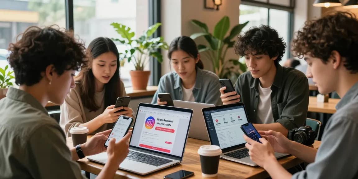 Group of young marketers discussing how to buy cheap Instagram likes now in a lively café atmosphere