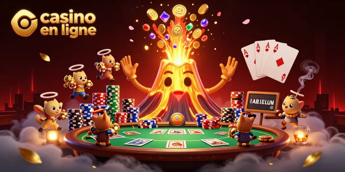 Jouez sur un casino en ligne avec des trésors, un volcan doré de joie et des cartes de poker éparpillées.