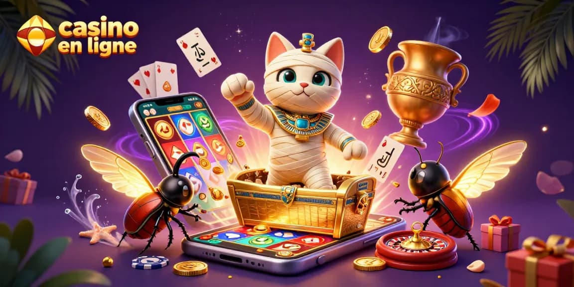 Jouez à casino en ligne avec un chat momie égyptien et un scarabée, plein de jeux