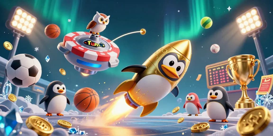 Engage in thrilling fun exchange gameplay with a penguin blasting through space, surrounded by vibrant sports elements.