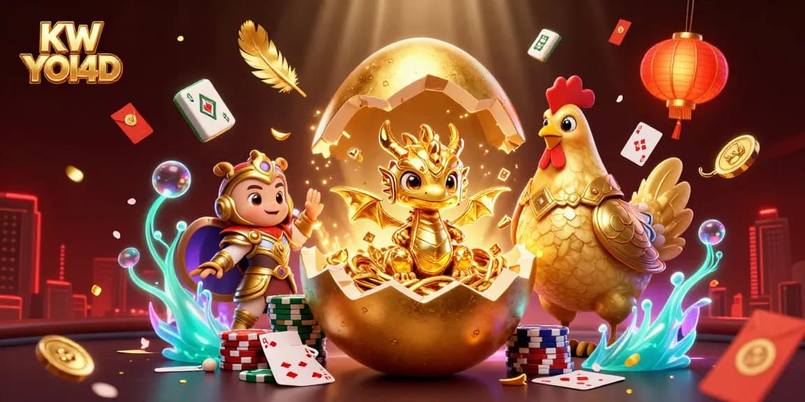 Permainan poker seru dengan KW YOI4D di latar belakang telur emas dan naga kristal.