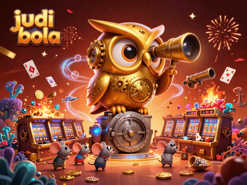 Engage in judi bola with a whimsical 3D scene featuring an owl and animated casino elements.