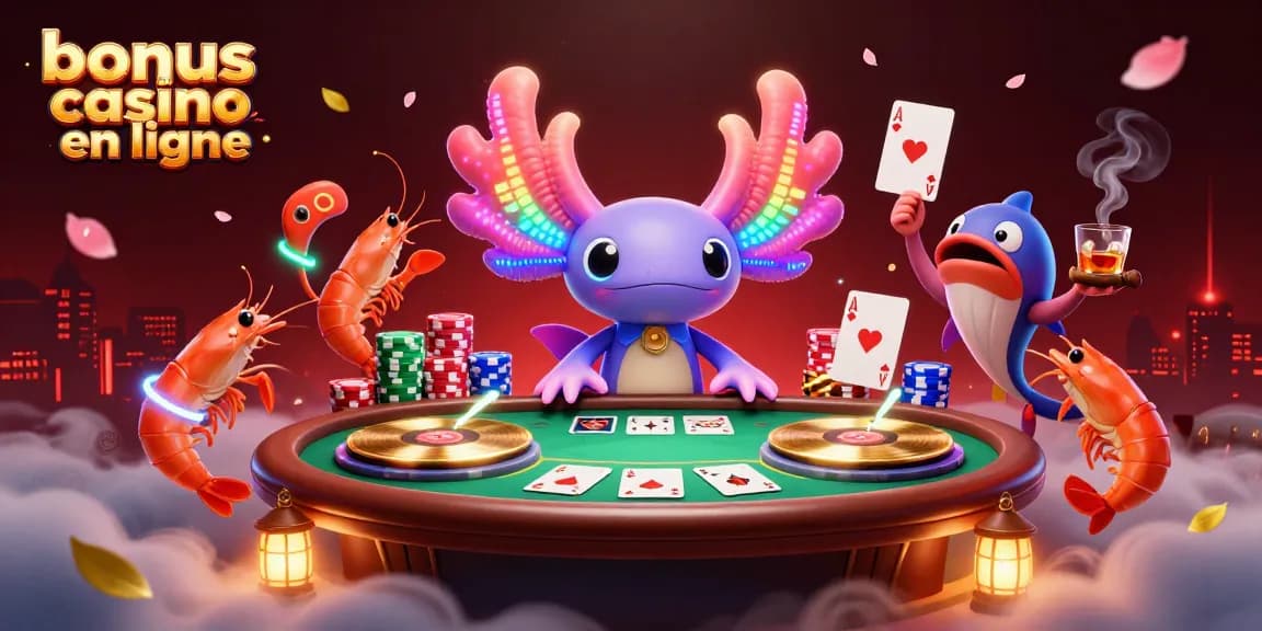Obtenez un bonus casino en ligne avec un DJ axolotl et des crevettes dans un casino coloré.