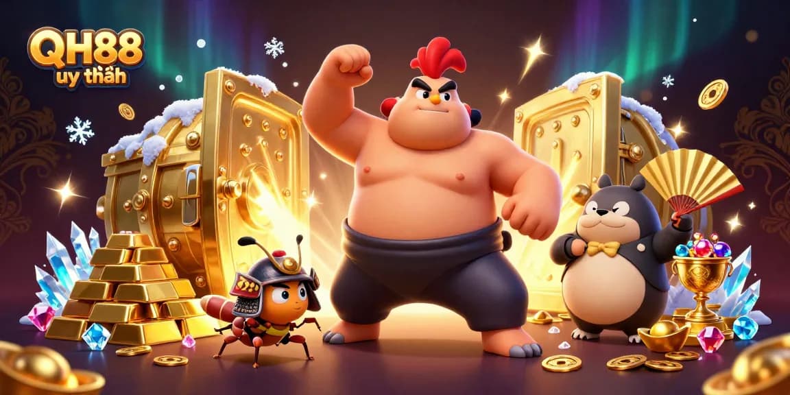 Experience the excitement of QH88 uy tín with a vibrant 3D bustling casino scene featuring unique characters and treasures.