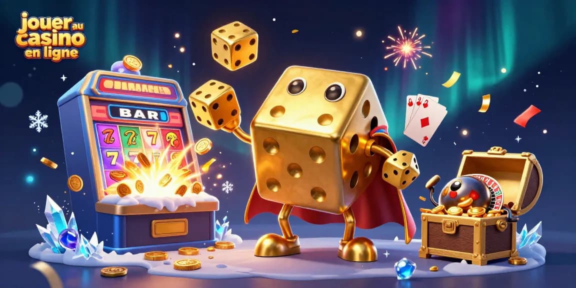 Jouer au casino en ligne avec une illustration dynamique de dés dorés et de machines à sous.