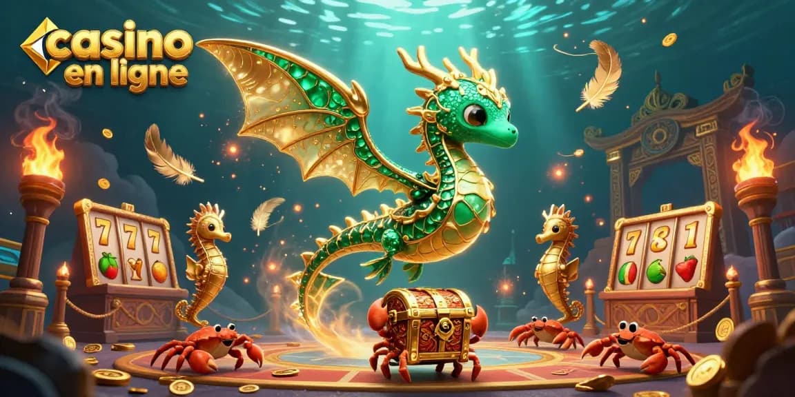 Casino en ligne: découvrez un dragon de mer émeraude et d'or entouré de jeux et trésors fascinants.