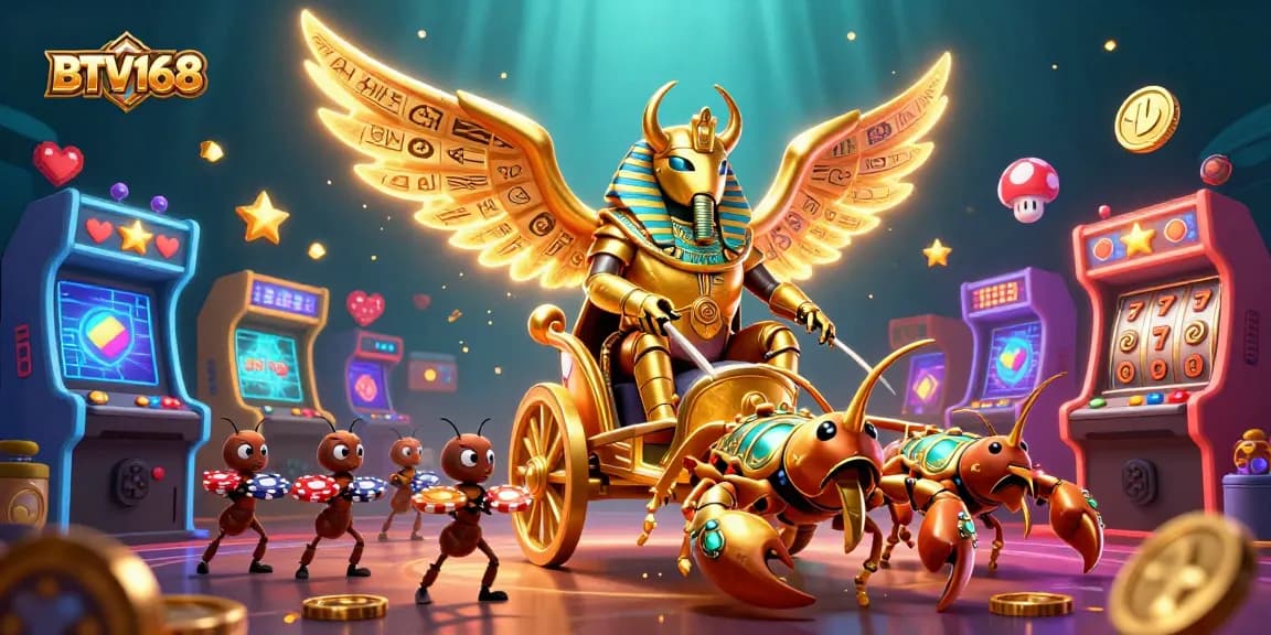 BTV168 showcases a vibrant casino world with a golden scarab beetle and scorpions amid slot machines and poker chips.