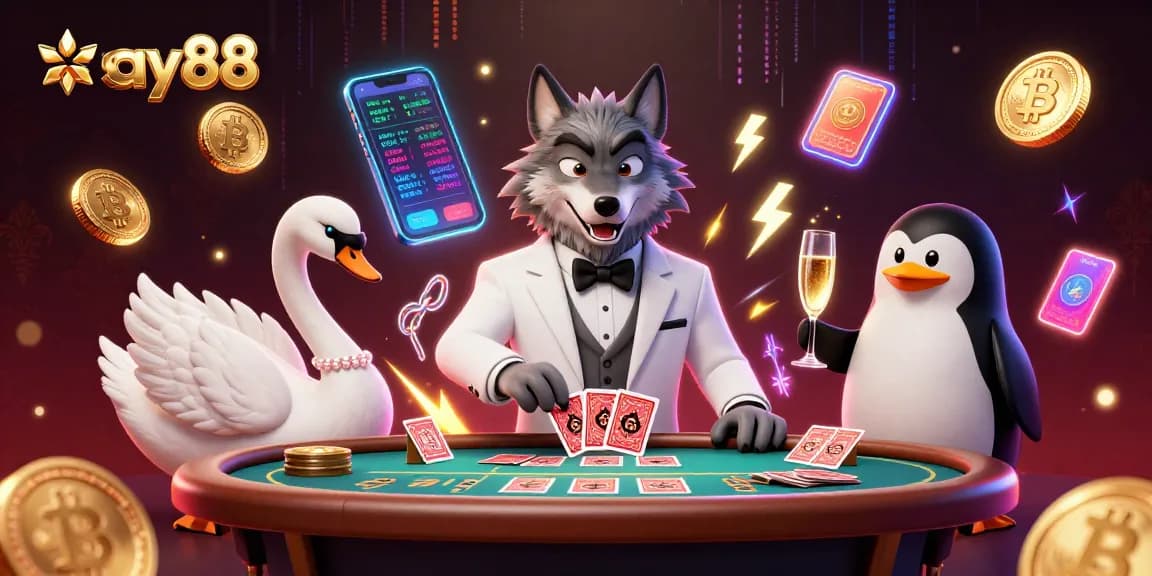SAY88 illuminates the baccarat table as the debonair wolf plays cards with stylish casino ambiance.