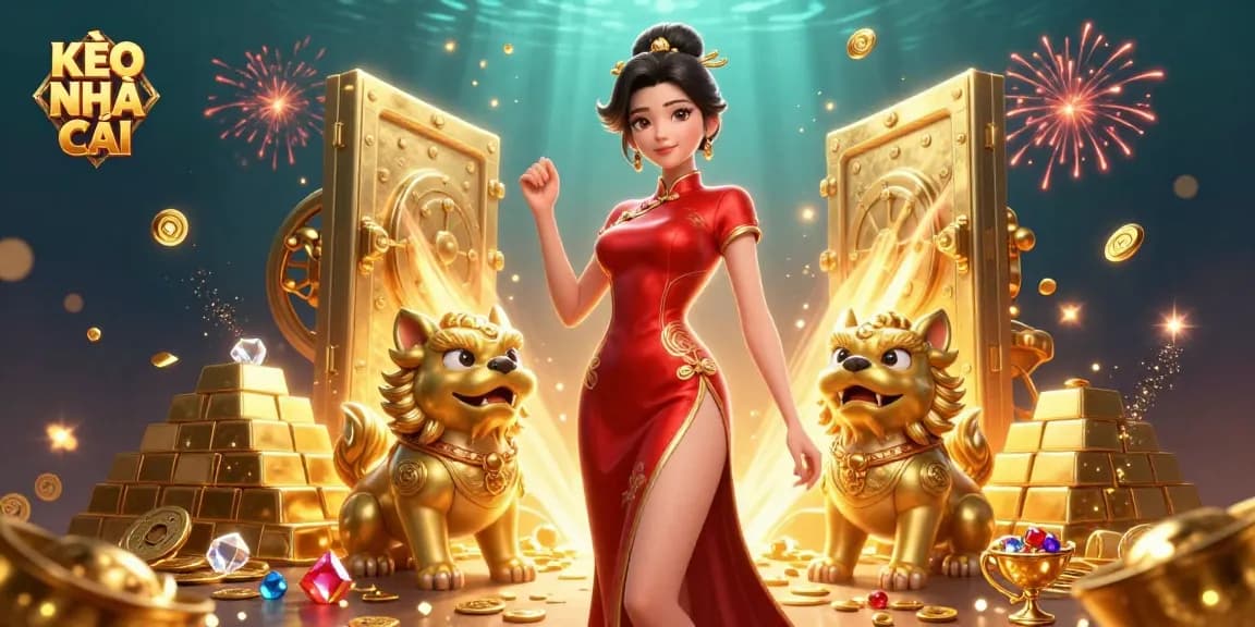 KÈO NHÀ CÁI offers a vibrant casino scene with a glamorous woman and golden treasures.