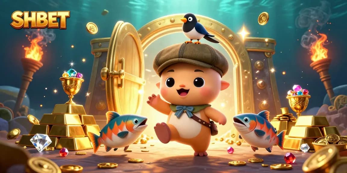 Experience SHBET's vibrant gaming world with dynamic 3D characters and golden treasures.