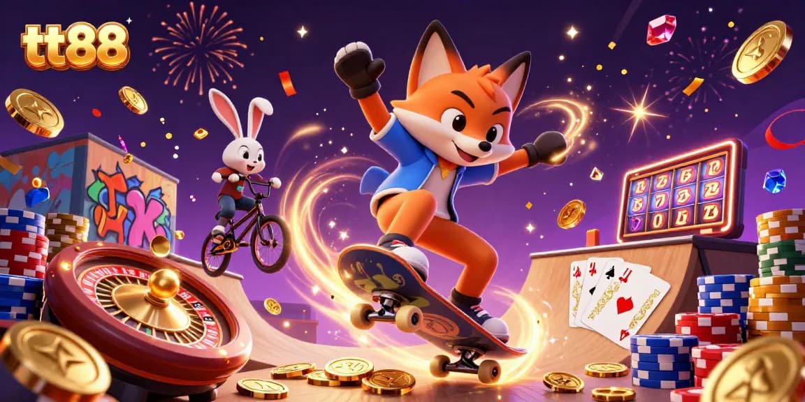 Experience thrilling gaming at tt88 with a skateboarder fox and BMX rabbit in a vibrant casino scene.