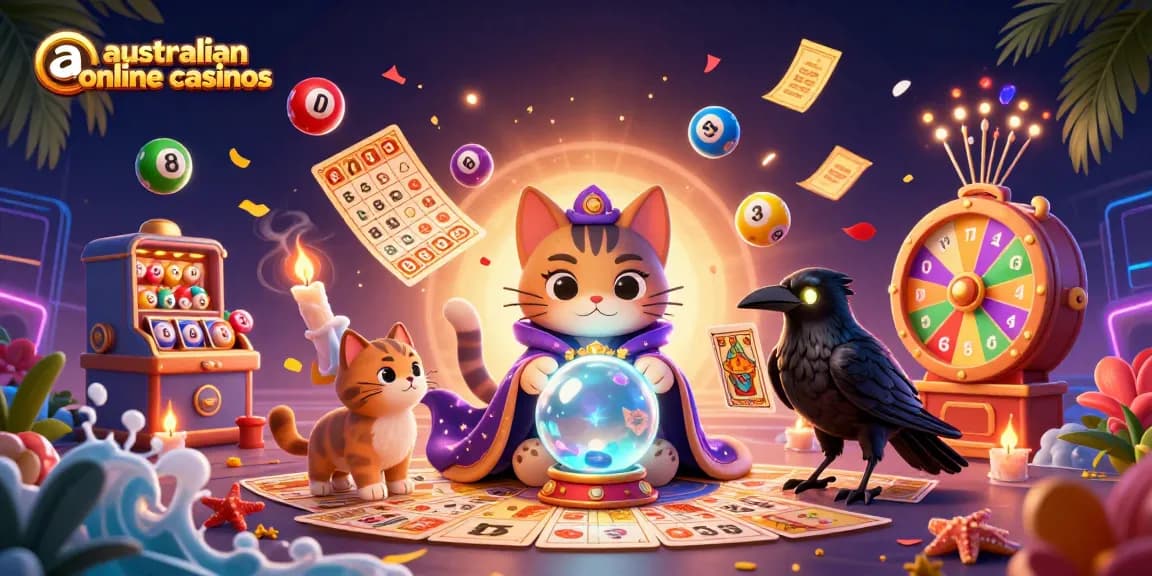 Engage with australian online casinos through an exciting 3D fortune teller scene filled with vibrant lottery elements.
