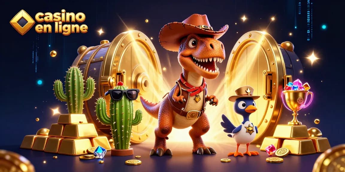 Vivez des jeux captivants au casino en ligne avec des personnages vibrants et des éléments dorés dynamiques.