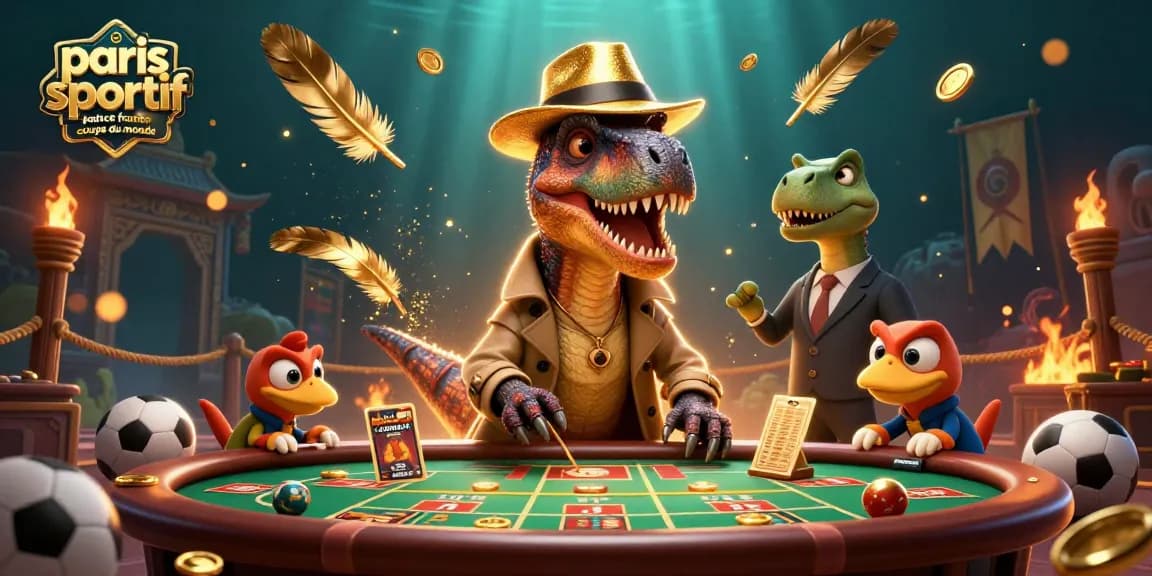 paris sportif france coupe du monde : un velociraptor mise sur des paris sportifs au milieu d'une ambiance dynamique de jeu