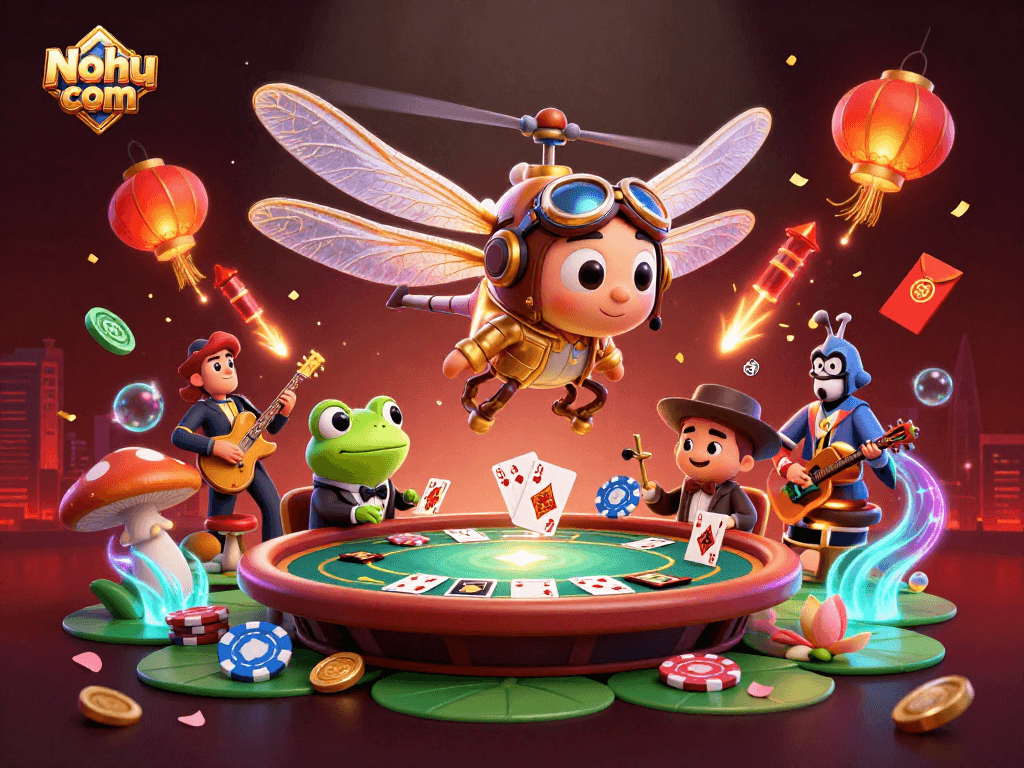Nohu com showcases a lively casino scene with dragonfly pilot and frog croupier engaging in poker.