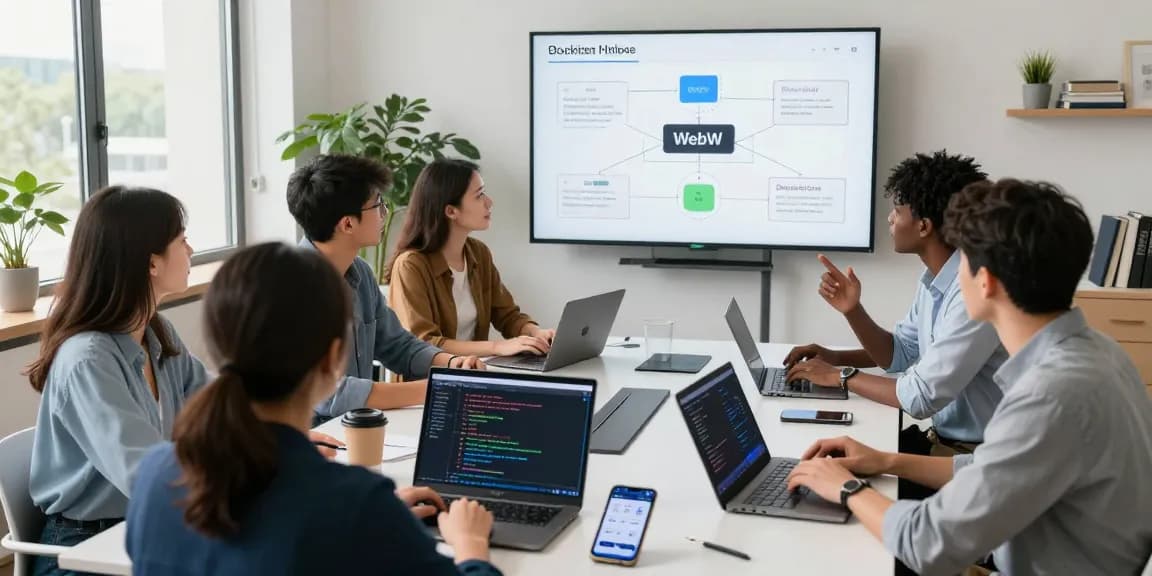 Web3 collaborative tech workspace with a team discussing decentralized applications and blockchain technology.